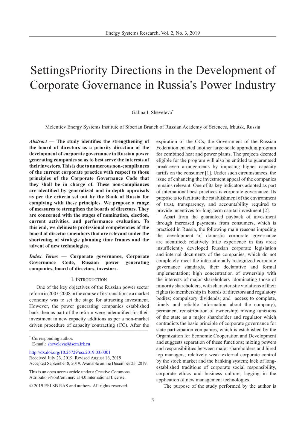 Settingspriority Directions in the Development of Corporate Governance in Russia's Power Industry
