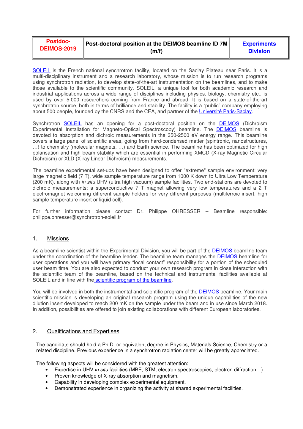 Postdoc- DEIMOS-2019 Post-Doctoral Position at The