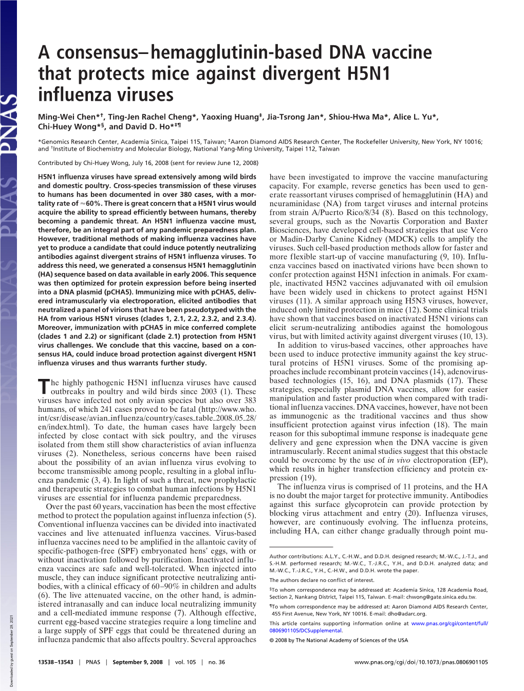 A Consensus–Hemagglutinin-Based DNA Vaccine That Protects Mice Against Divergent H5N1 Influenza Viruses