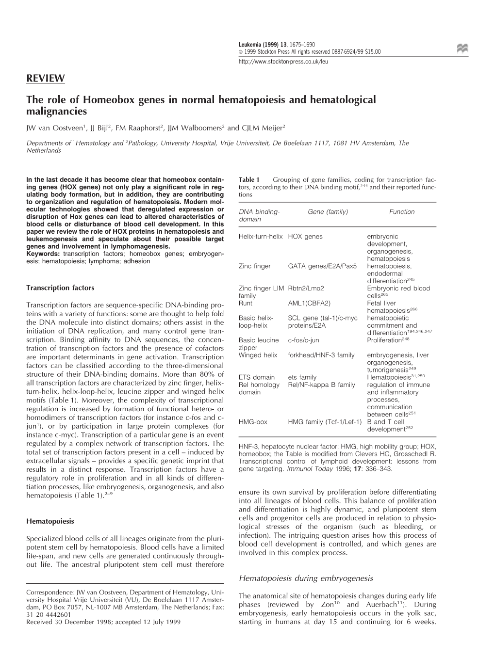 REVIEW the Role of Homeobox Genes in Normal Hematopoiesis And