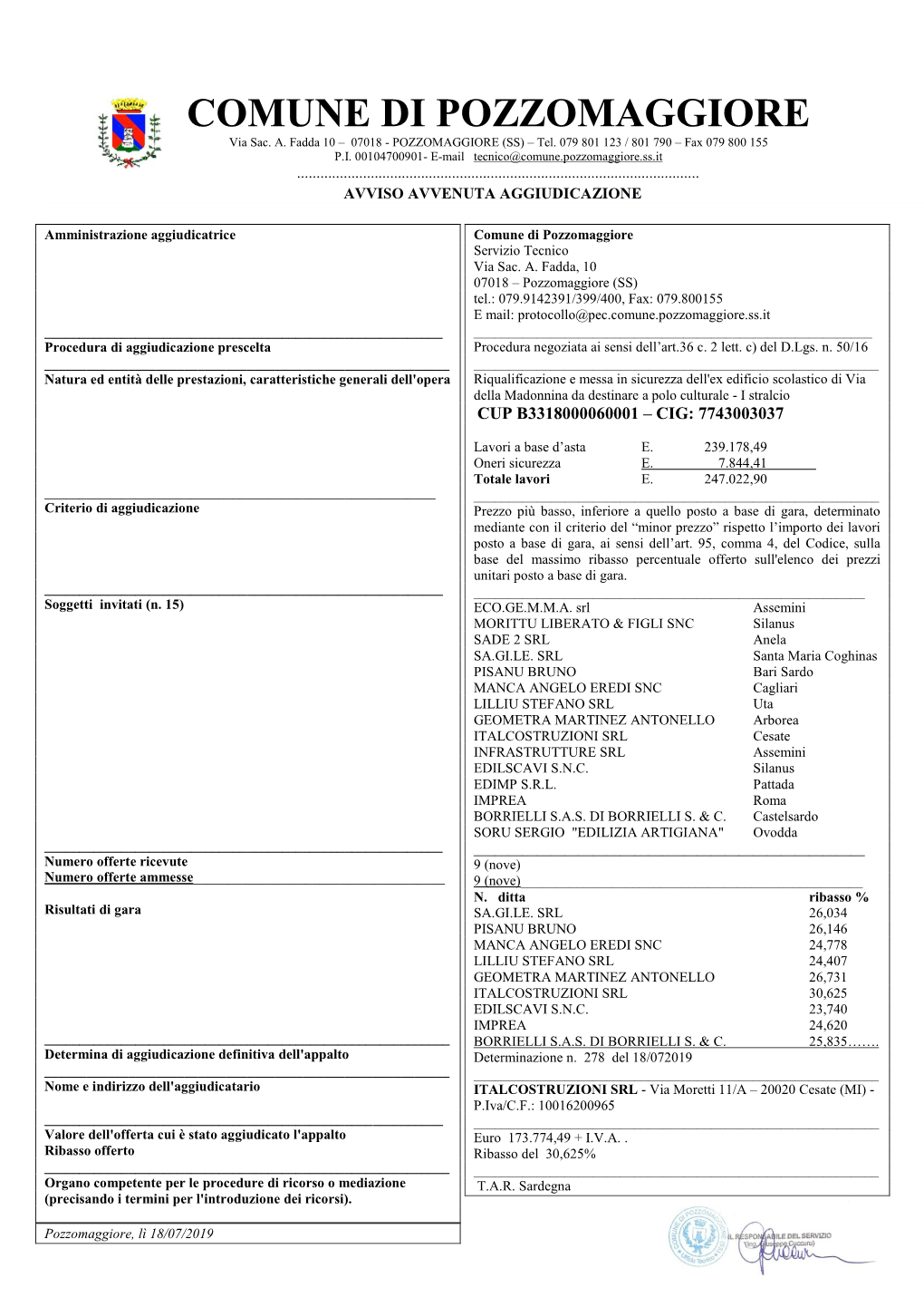 COMUNE DI POZZOMAGGIORE Via Sac