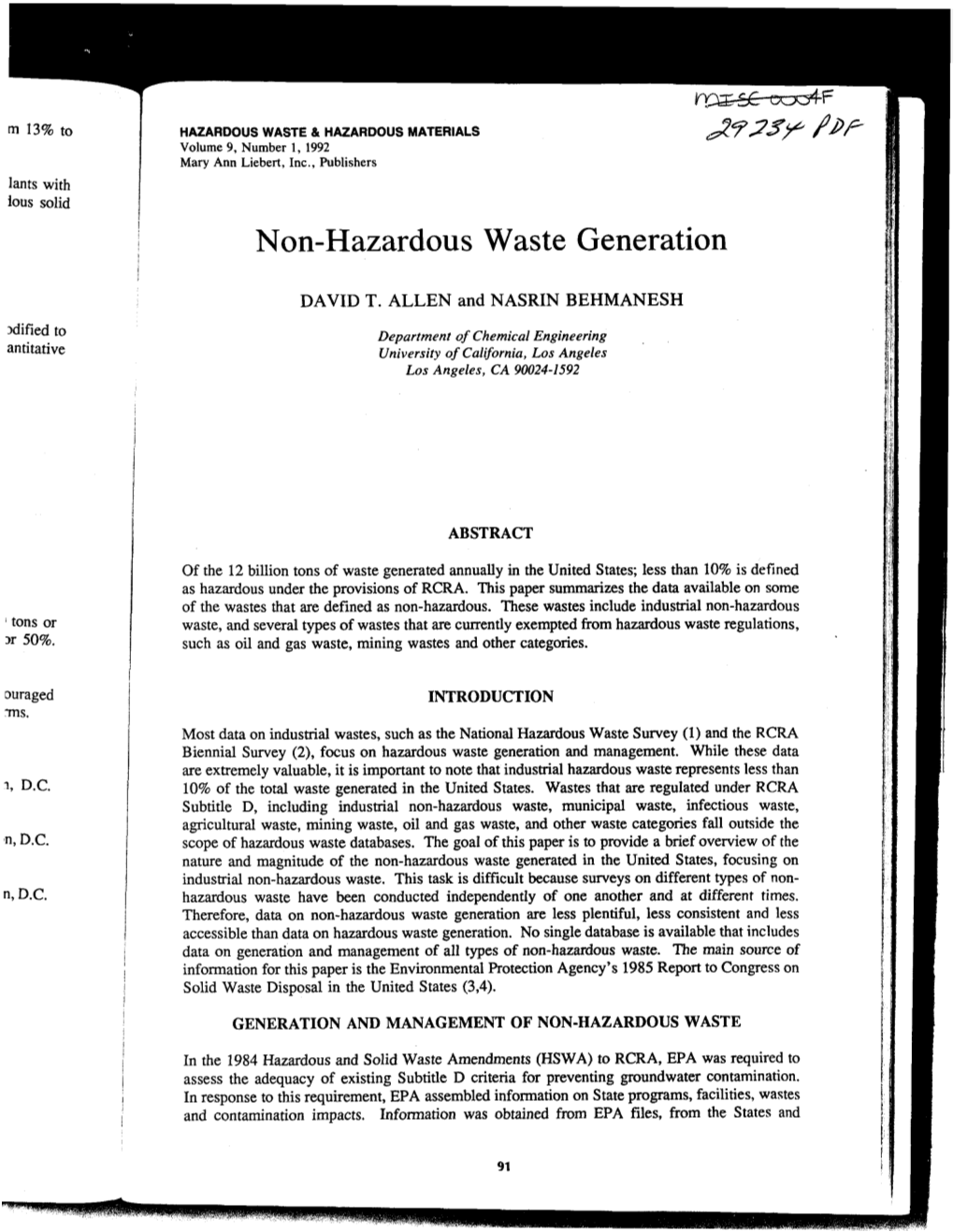Non-Hazardous Waste Generation