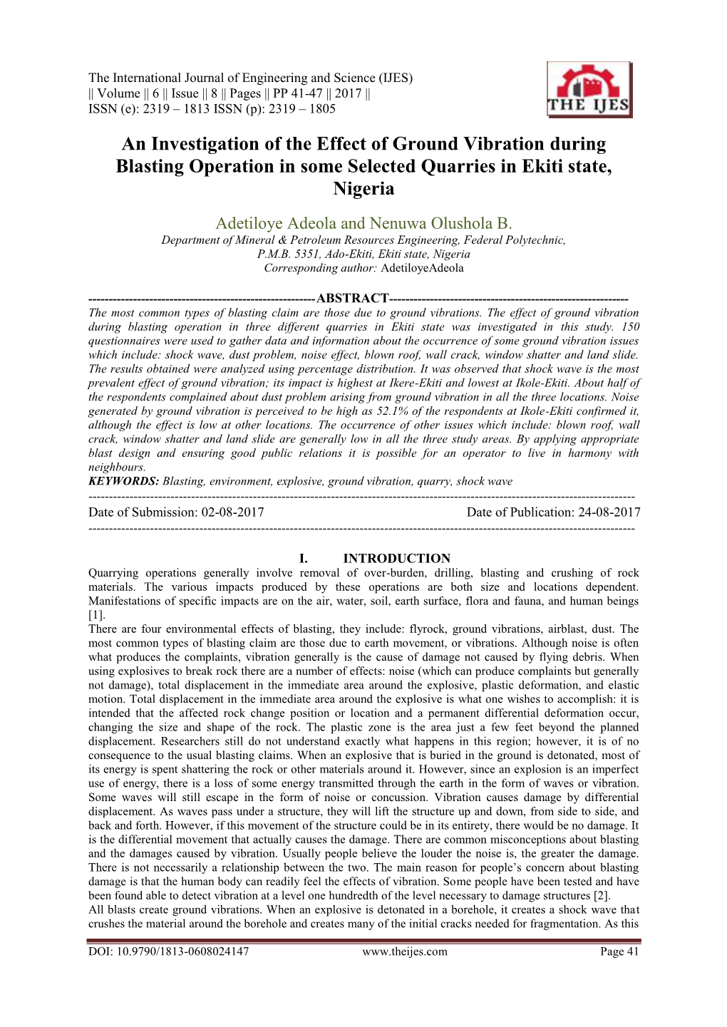 An Investigation of the Effect of Ground Vibration During Blasting Operation in Some Selected Quarries in Ekiti State, Nigeria