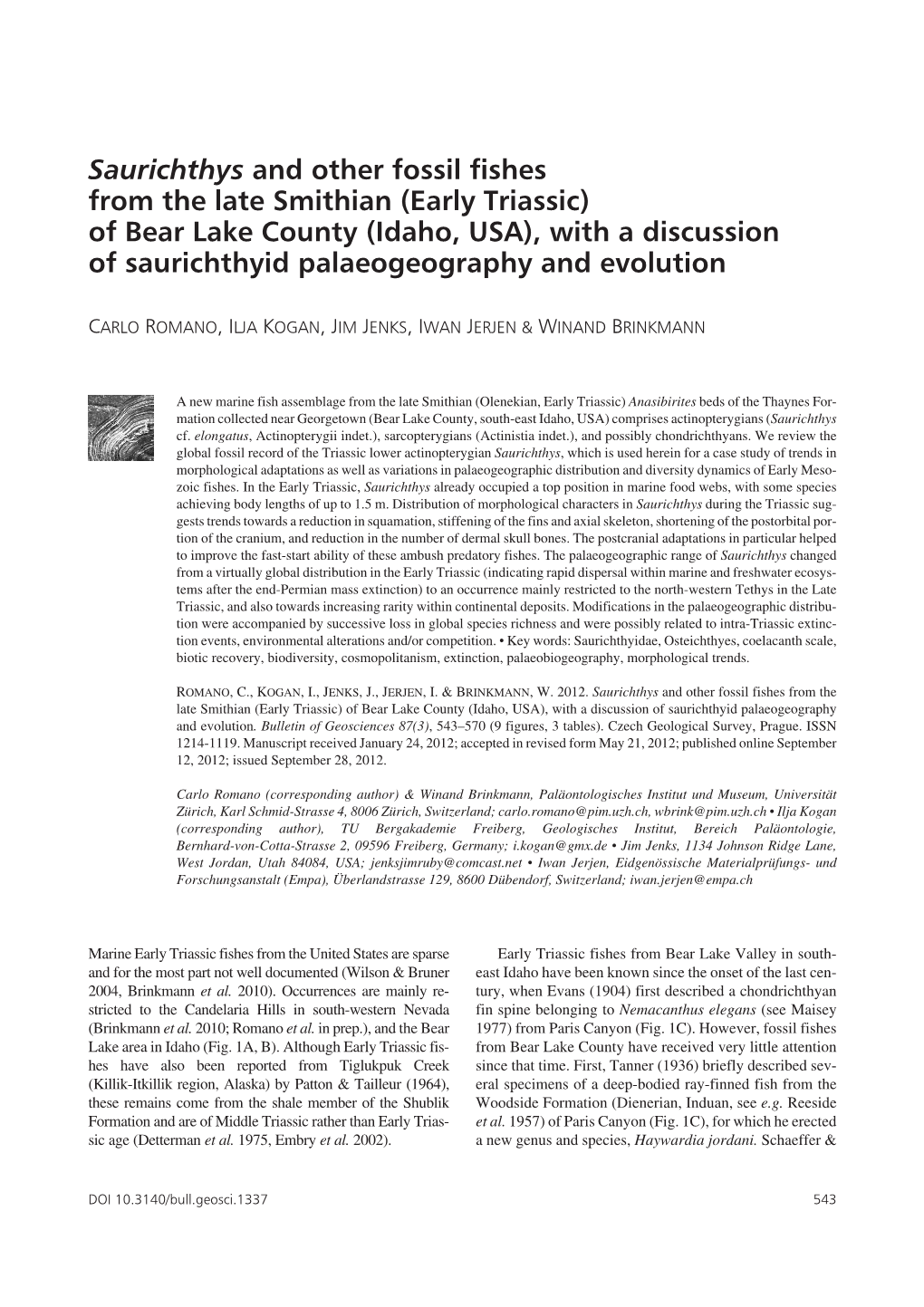 Early Triassic) of Bear Lake County (Idaho, USA), with a Discussion of Saurichthyid Palaeogeography and Evolution