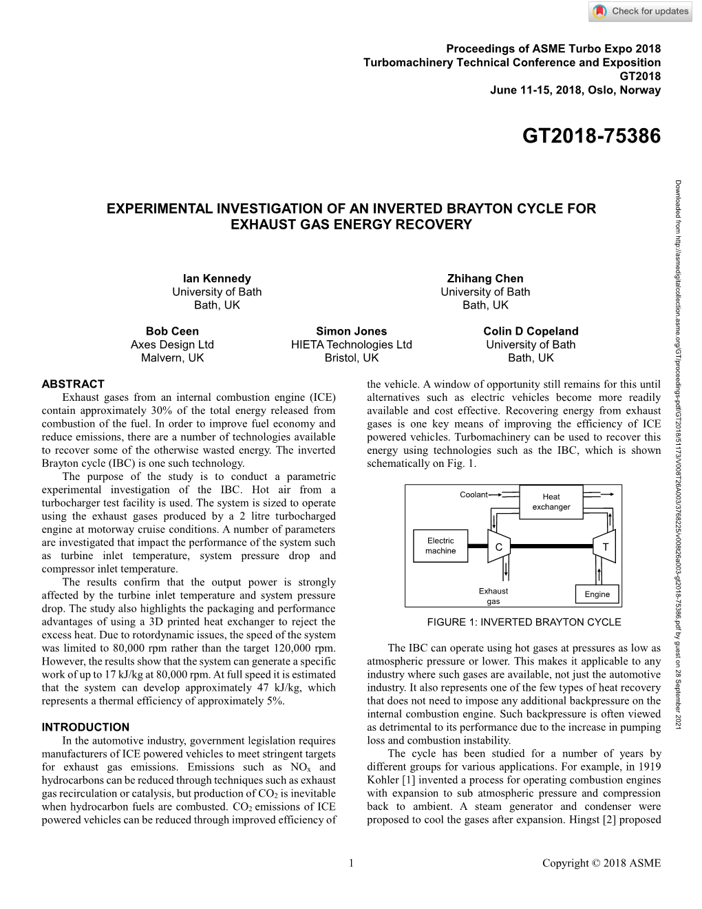 Experimental Investigation of an Inverted Brayton Cycle for Exhaust Gas Energy Recovery