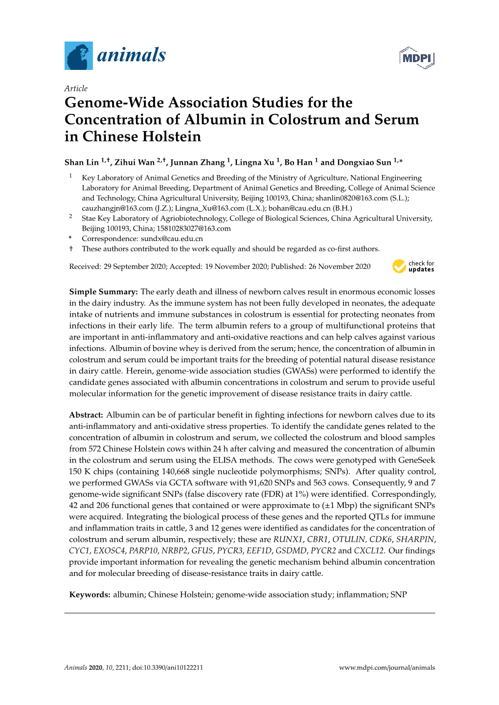 Genome-Wide Association Studies for the Concentration of Albumin in Colostrum and Serum in Chinese Holstein