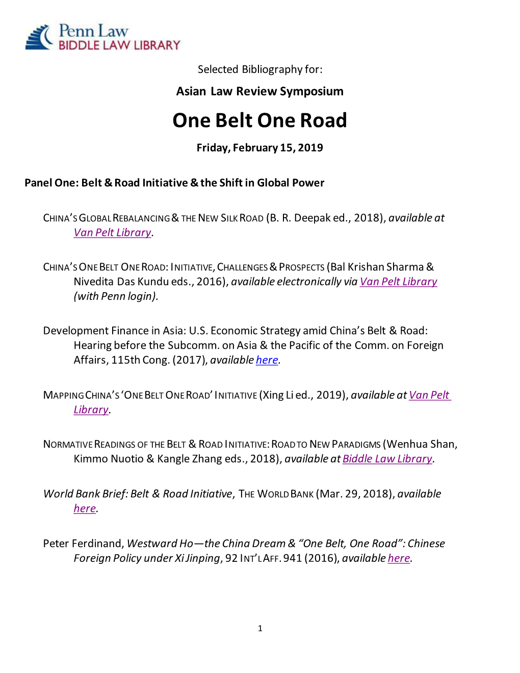 Asian Law Review Symposium: "One Belt One Road: Global China Amid the Wave of Anti-Globalization": Selected Bibliograp