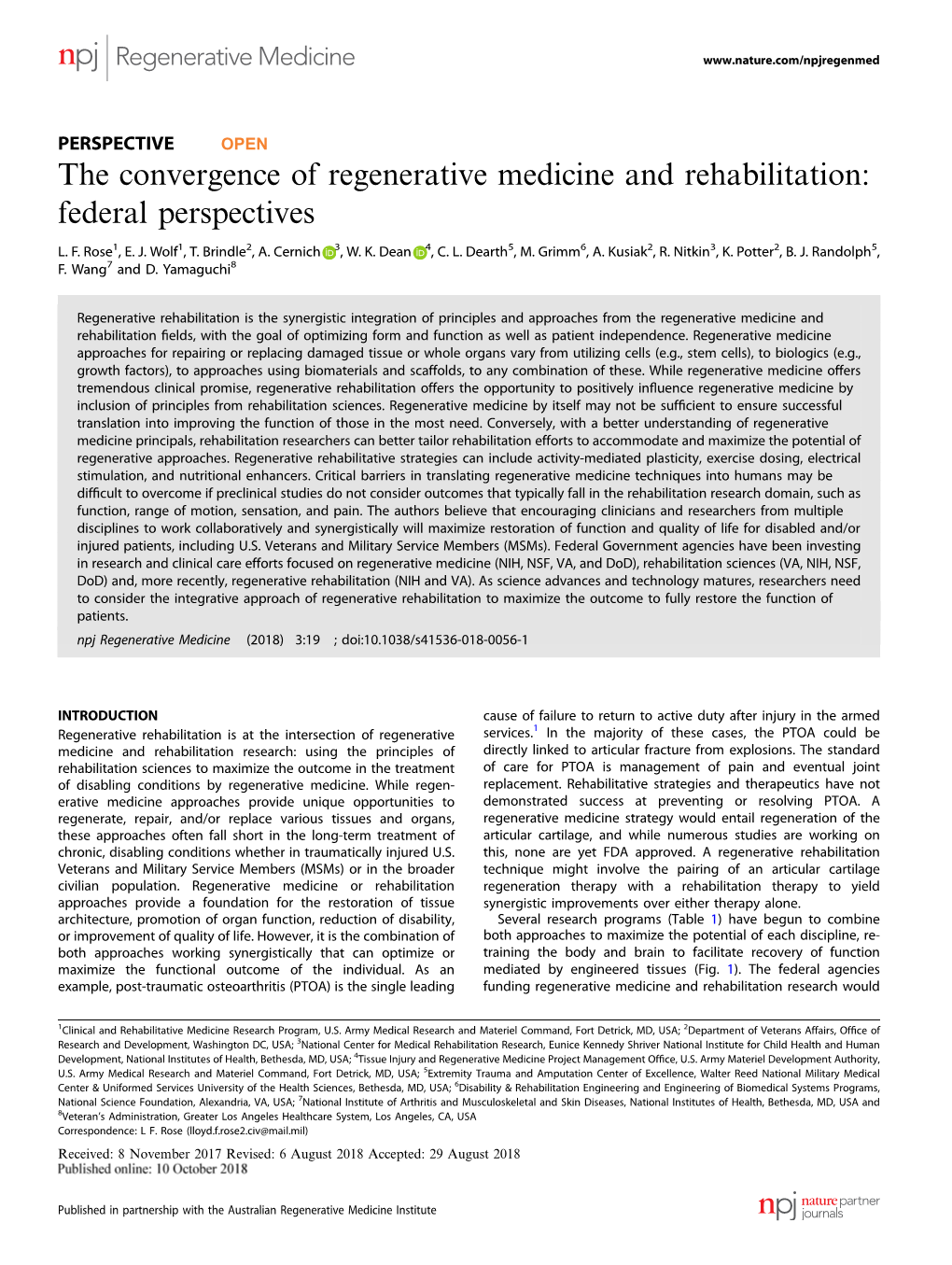 The Convergence of Regenerative Medicine and Rehabilitation: Federal Perspectives