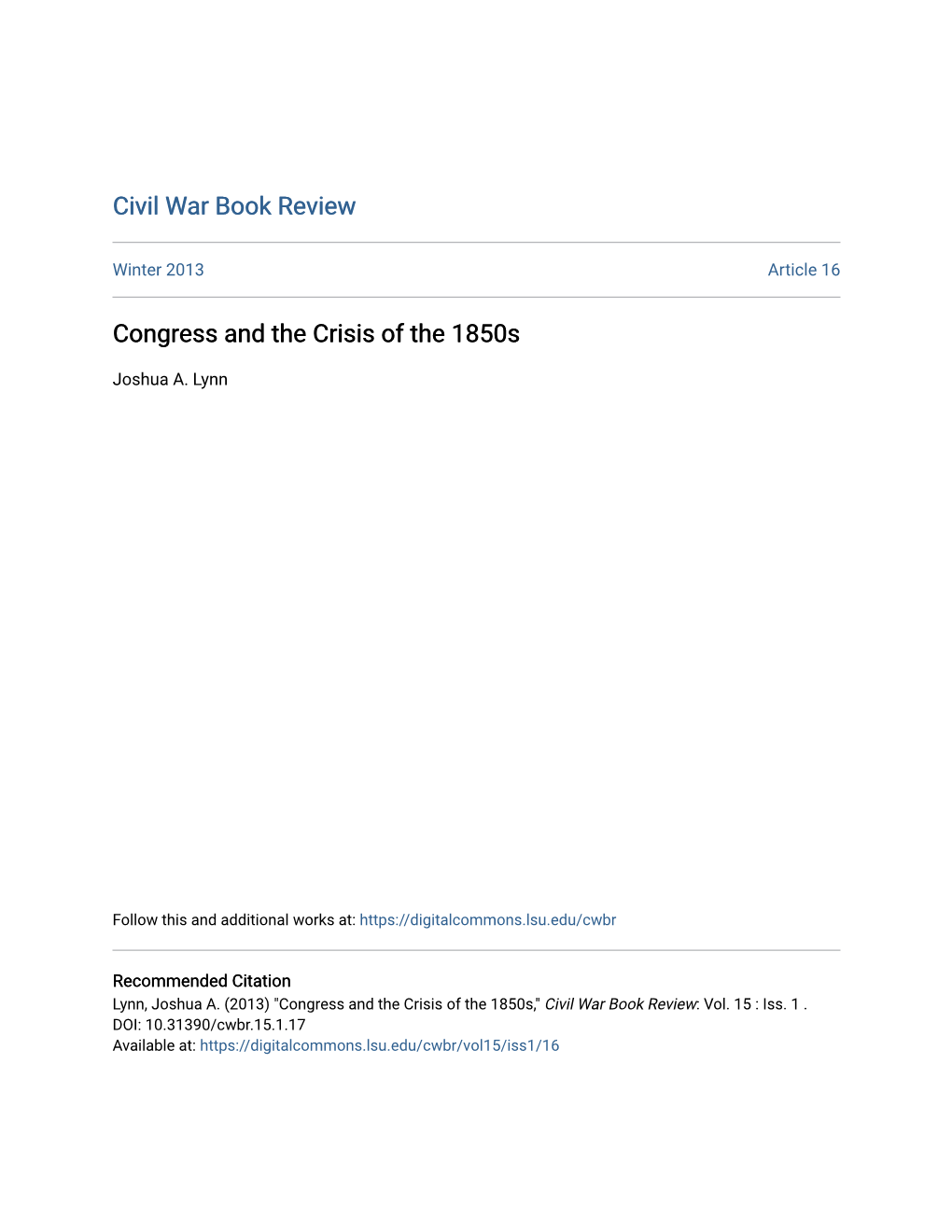 Congress and the Crisis of the 1850S