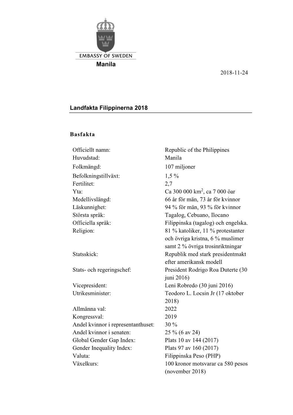 Landfakta Filippinerna 2018-11-26.Pdf