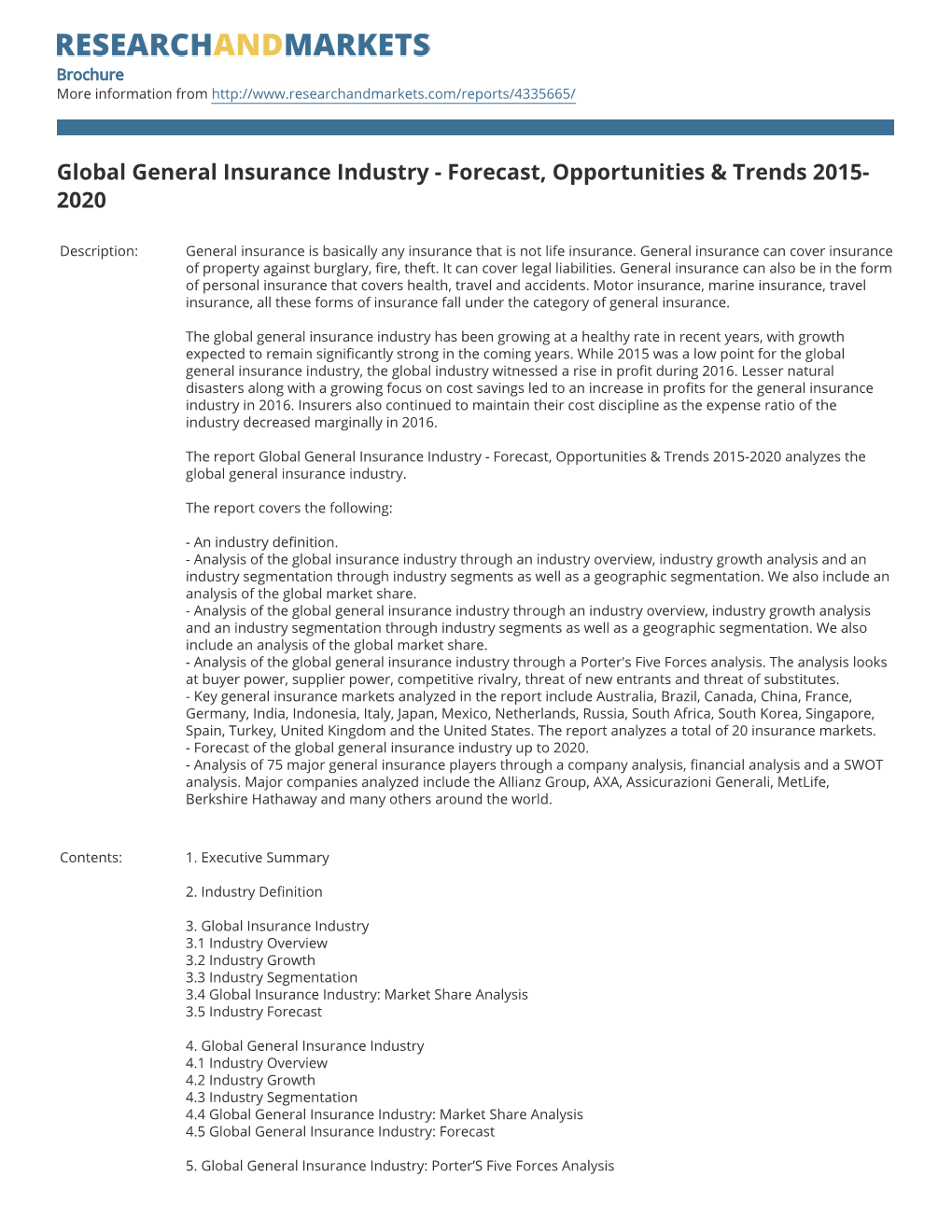 Global General Insurance Industry - Forecast, Opportunities & Trends 2015