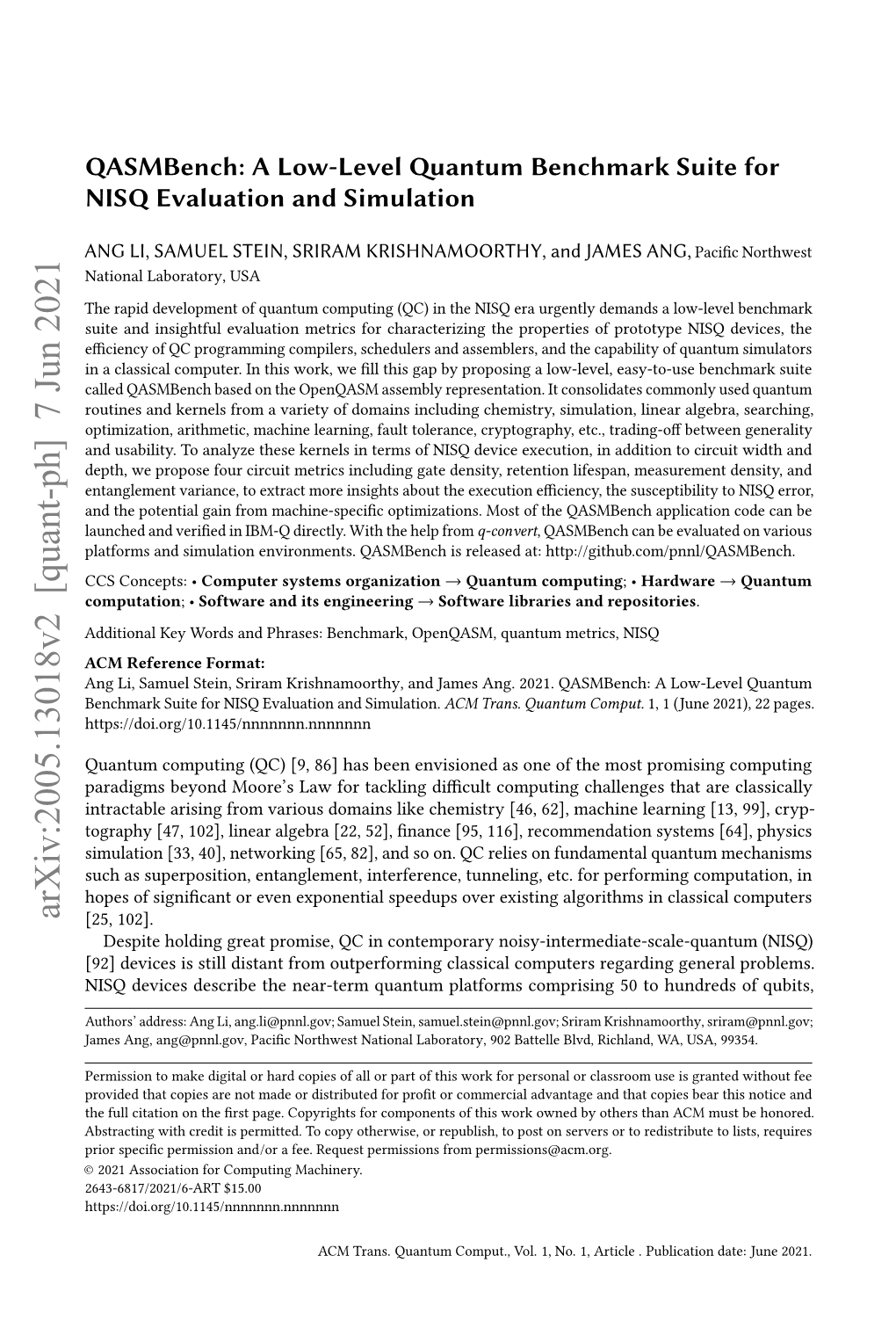 Qasmbench: a Low-Level Quantum Benchmark Suite for NISQ Evaluation and Simulation