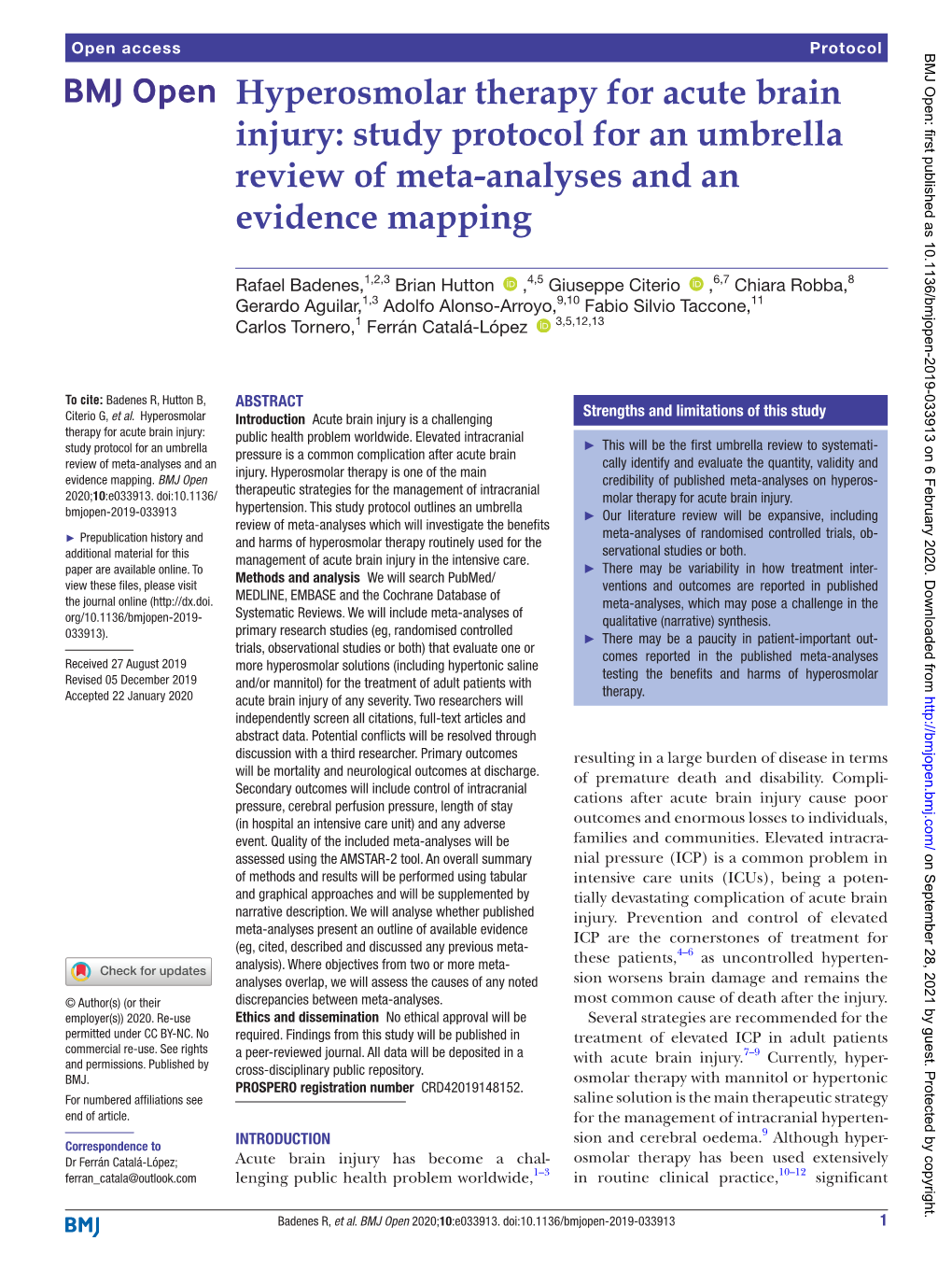 Hyperosmolar Therapy for Acute Brain Injury: Study Protocol for an Umbrella Review of Meta-­Analyses and an Evidence Mapping