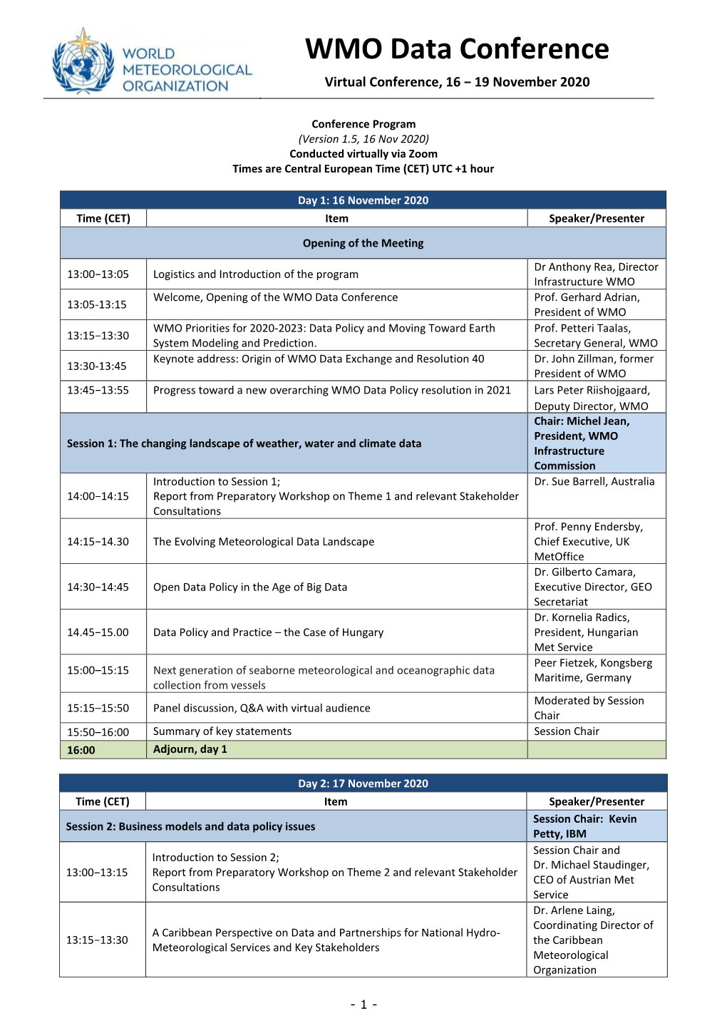 WMO Data Conference Virtual Conference, 16 − 19 November 2020