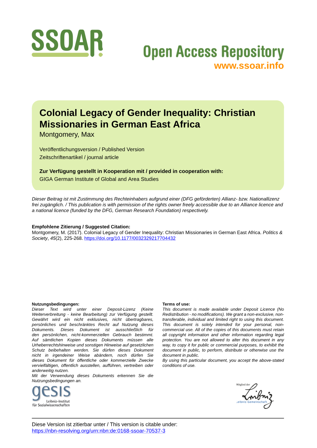 Colonial Legacy of Gender Inequality: Christian Missionaries in German East Africa Montgomery, Max