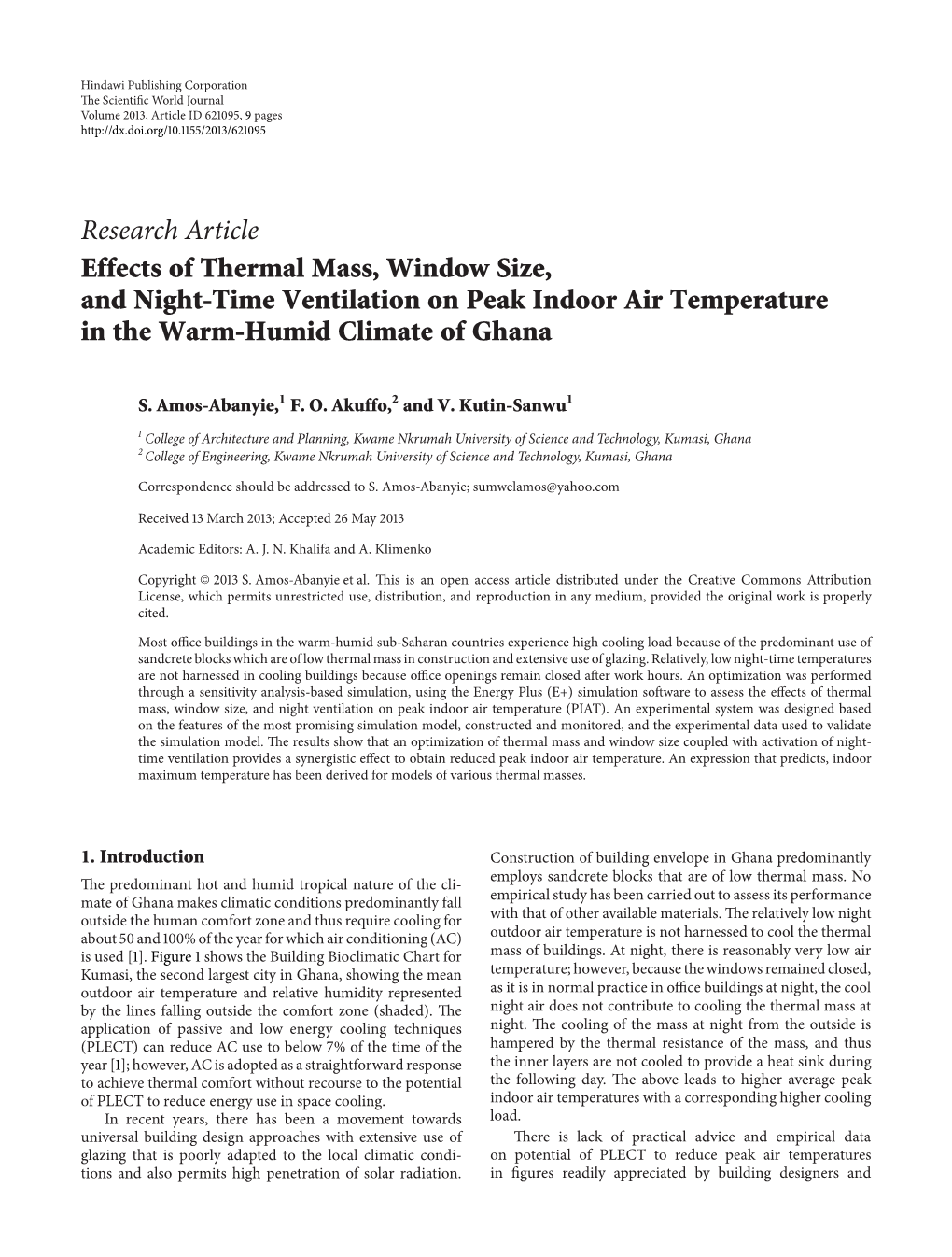 Research Article Effects of Thermal Mass, Window Size, and Night-Time Ventilation on Peak Indoor Air Temperature in the Warm-Humid Climate of Ghana