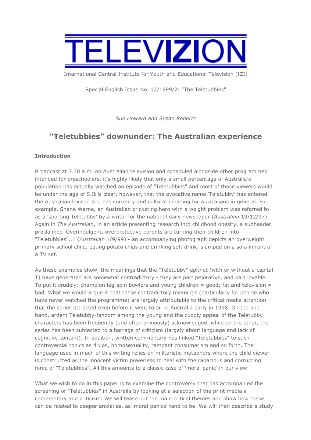 Sue Howard and Susan Roberts: Teletubbies Downunder: the Australian Experience