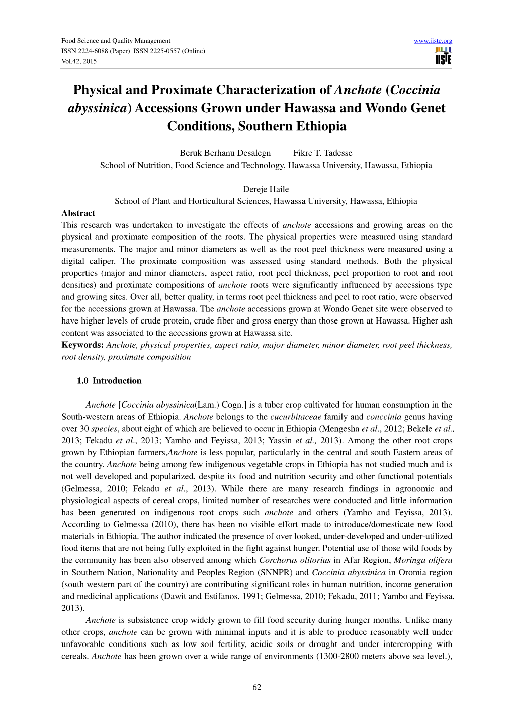 Coccinia Abyssinica ) Accessions Grown Under Hawassa and Wondo Genet Conditions, Southern Ethiopia