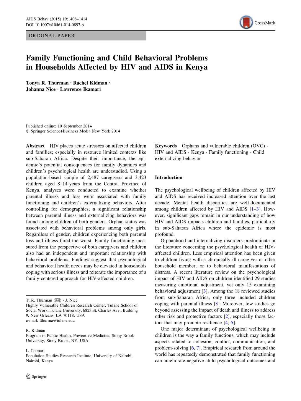 Family Functioning and Child Behavioral Problems in Households Affected by HIV and AIDS in Kenya