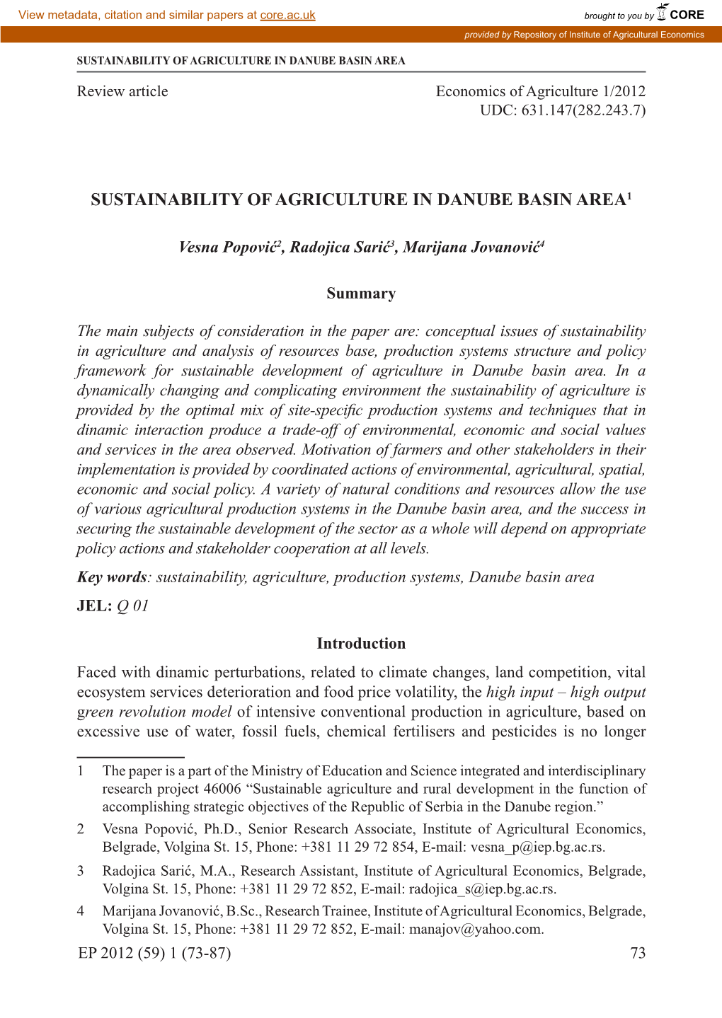 Sustainability of Agriculture in Danube Basin Area1