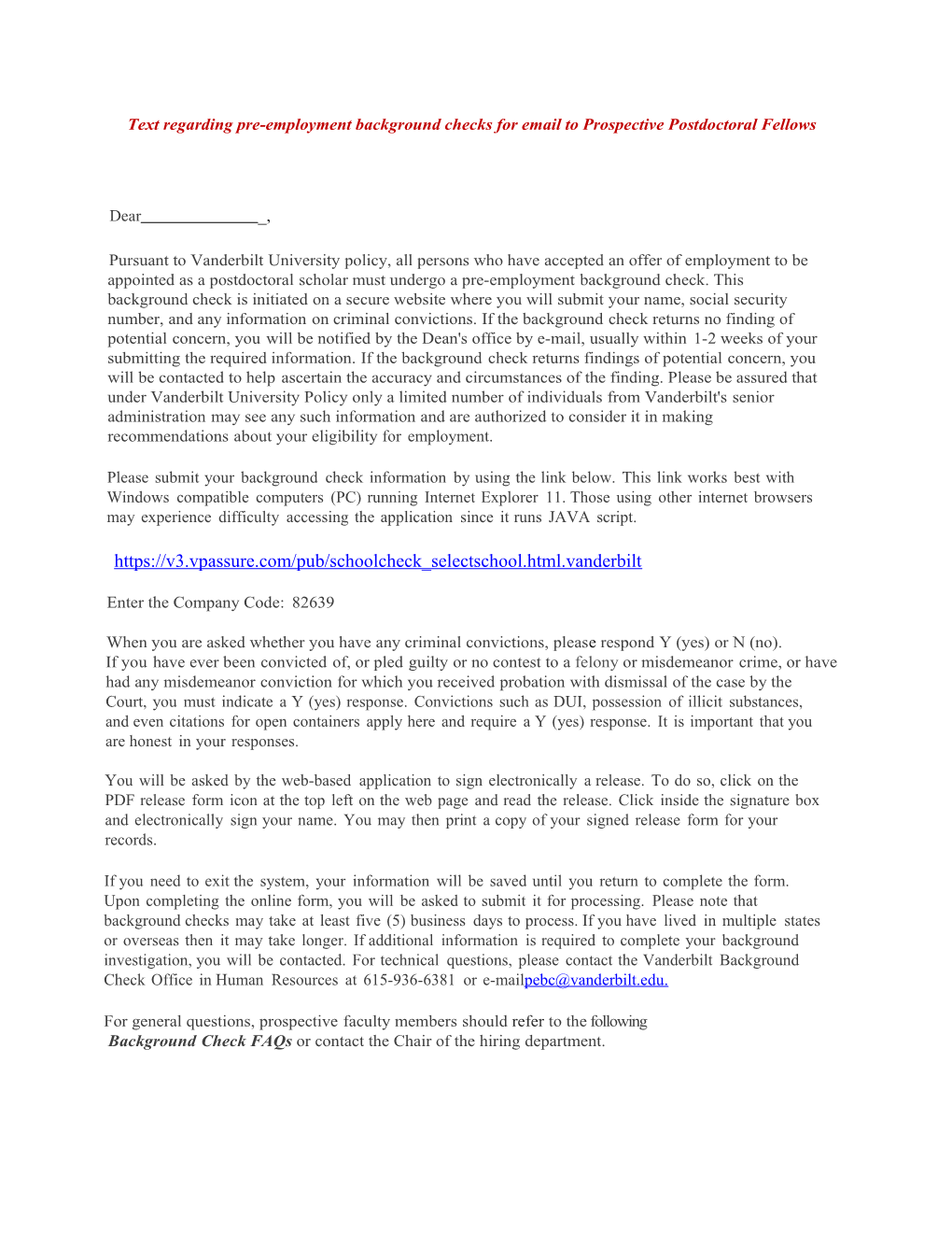 Text Regarding Pre-Employment Background Checks for Email to Prospective Postdoctoral Fellows