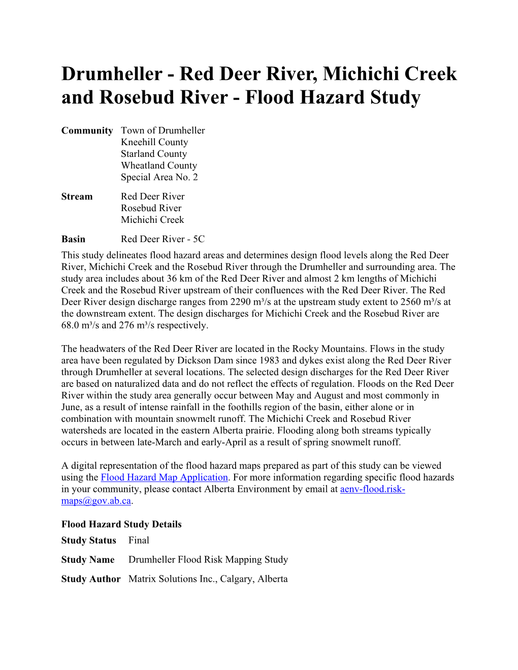 Red Deer River, Michichi Creek and Rosebud River - Flood Hazard Study