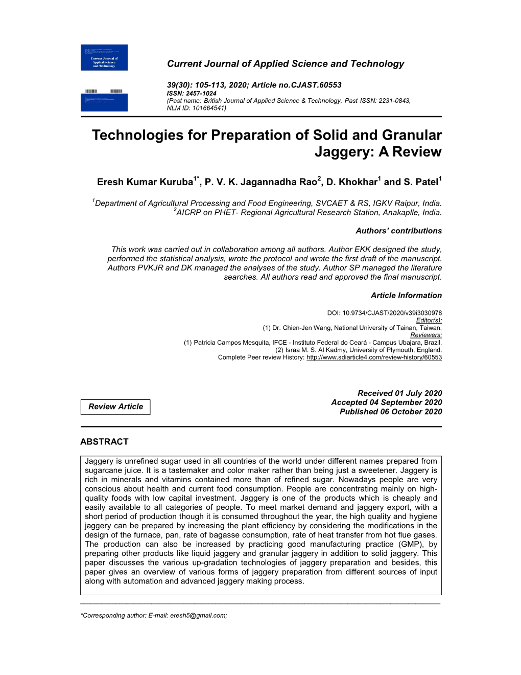 Technologies for Preparation of Solid and Granular Jaggery: a Review