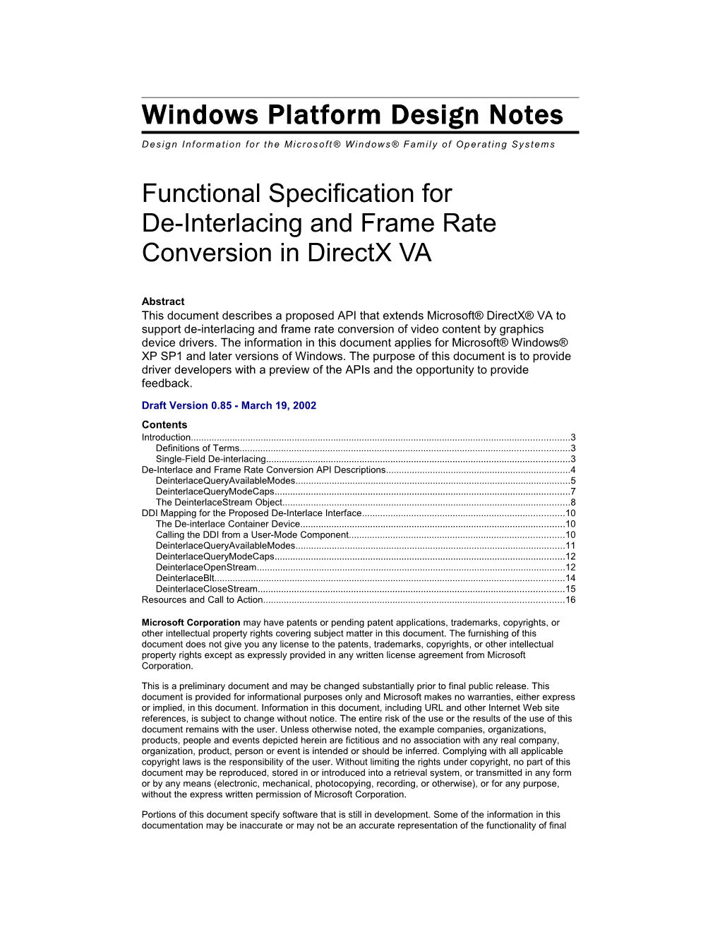 Functional Specification for De Interlacing and Frame Rate Conversion in Directx VA