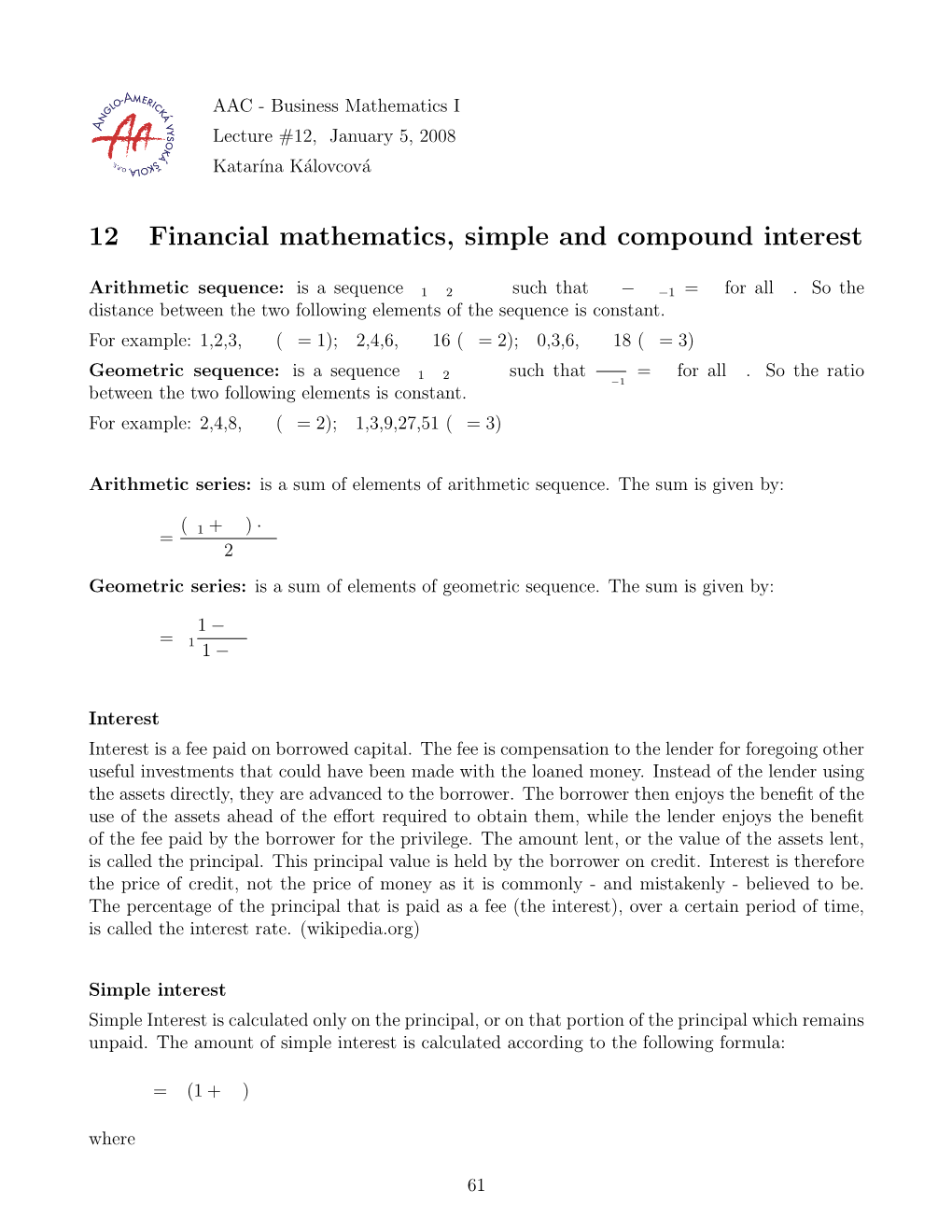 12 Financial Mathematics, Simple and Compound Interest