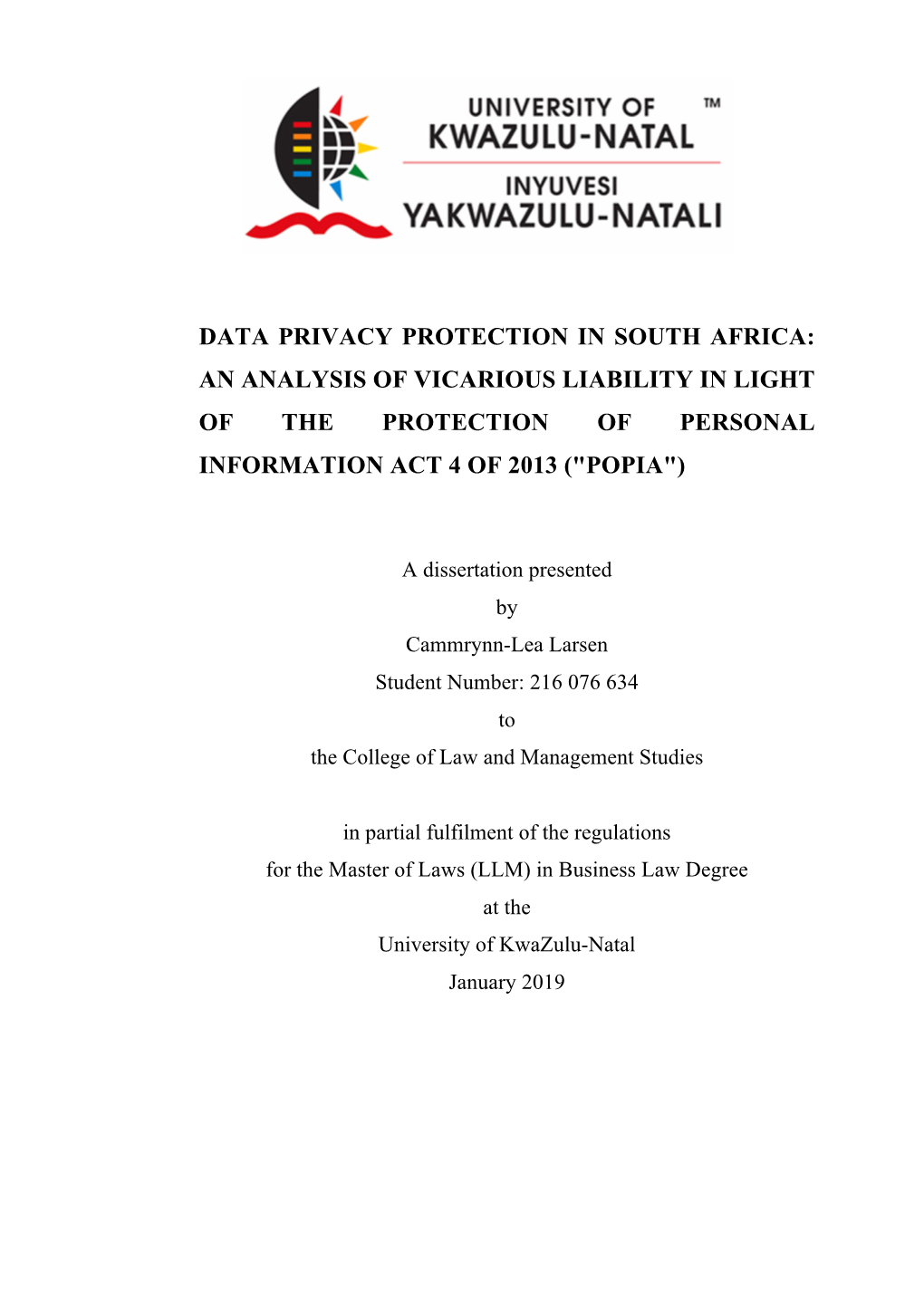 Data Privacy Protection in South Africa: an Analysis of Vicarious Liability in Light of the Protection of Personal Information Act 4 of 2013 ("Popia")