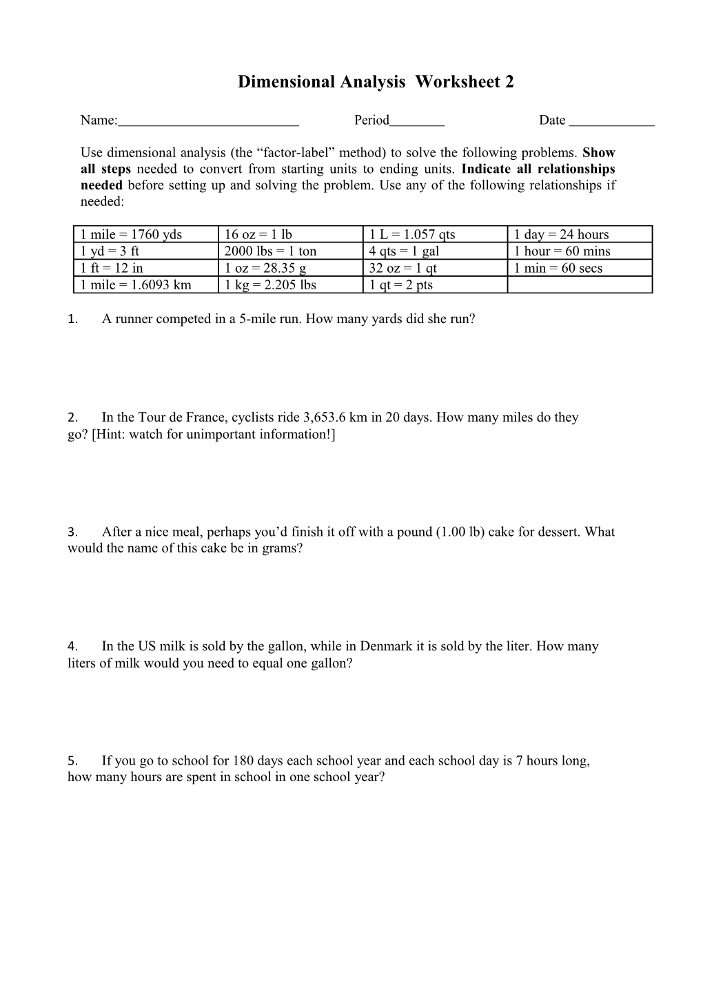 Dimensional Analysis WS 2