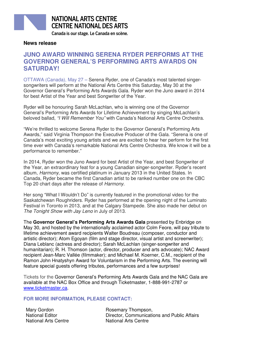Juno Award Winning Serena Ryder Performs at the Governor General’S Performing Arts Awards on Saturday!