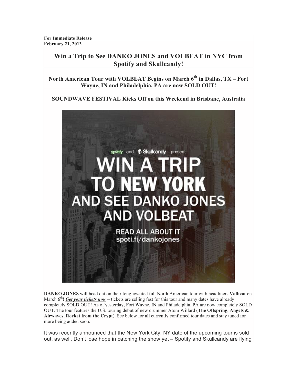 Win a Trip to See DANKO JONES and VOLBEAT in NYC from Spotify and Skullcandy!