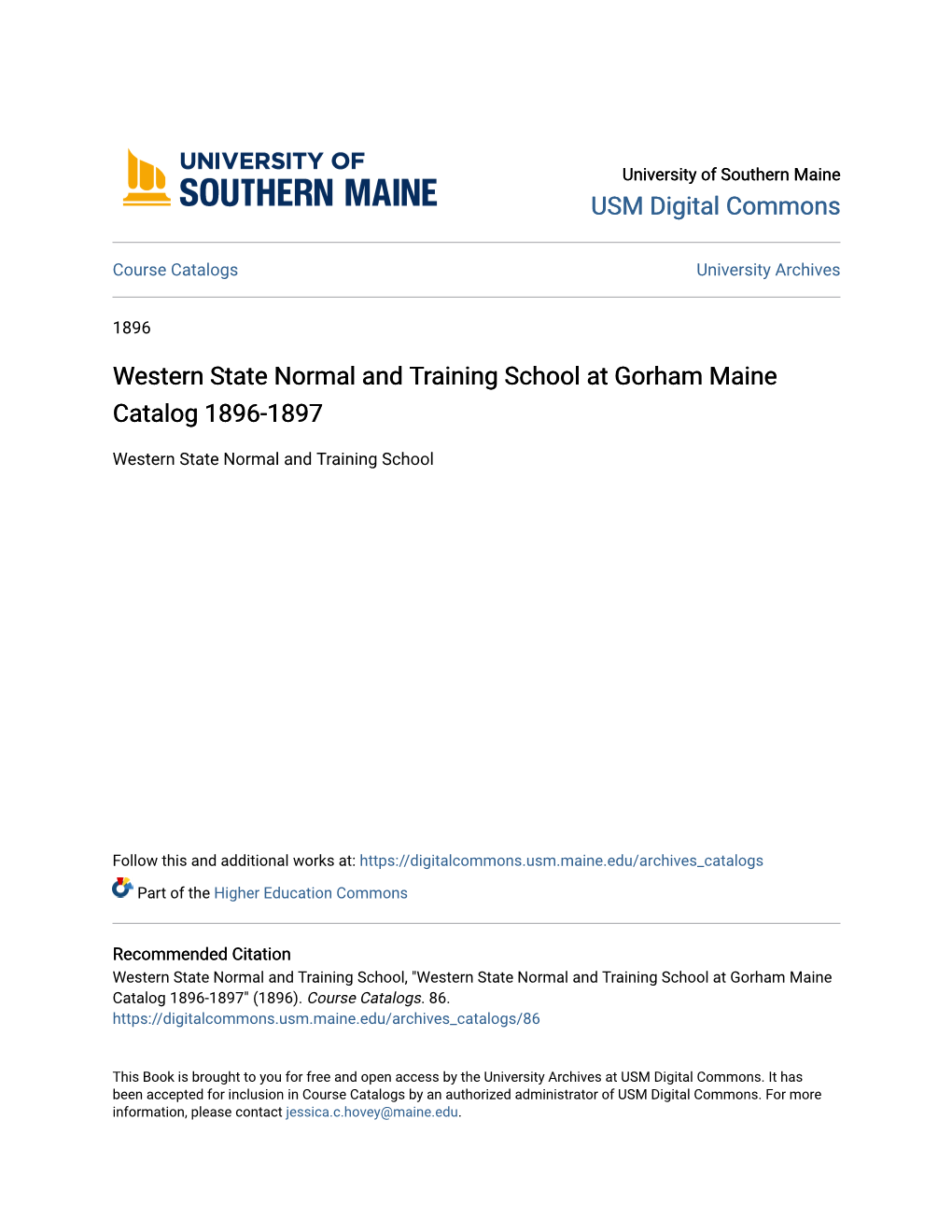 Western State Normal and Training School at Gorham Maine Catalog 1896-1897