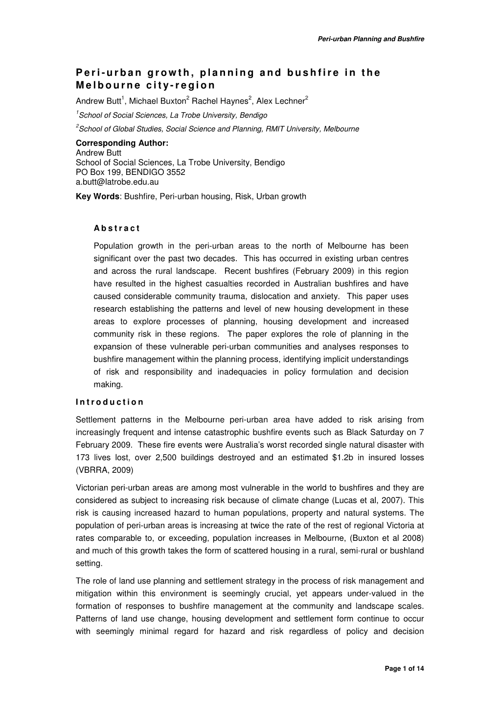 Peri-Urban Growth, Planning and Bushfire in the Melbourne City-Region