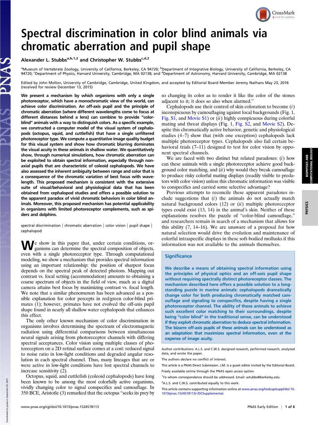 Spectral Discrimination in Color Blind Animals Via Chromatic Aberration and Pupil Shape