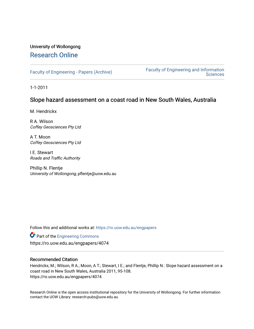 Slope Hazard Assessment on a Coast Road in New South Wales, Australia