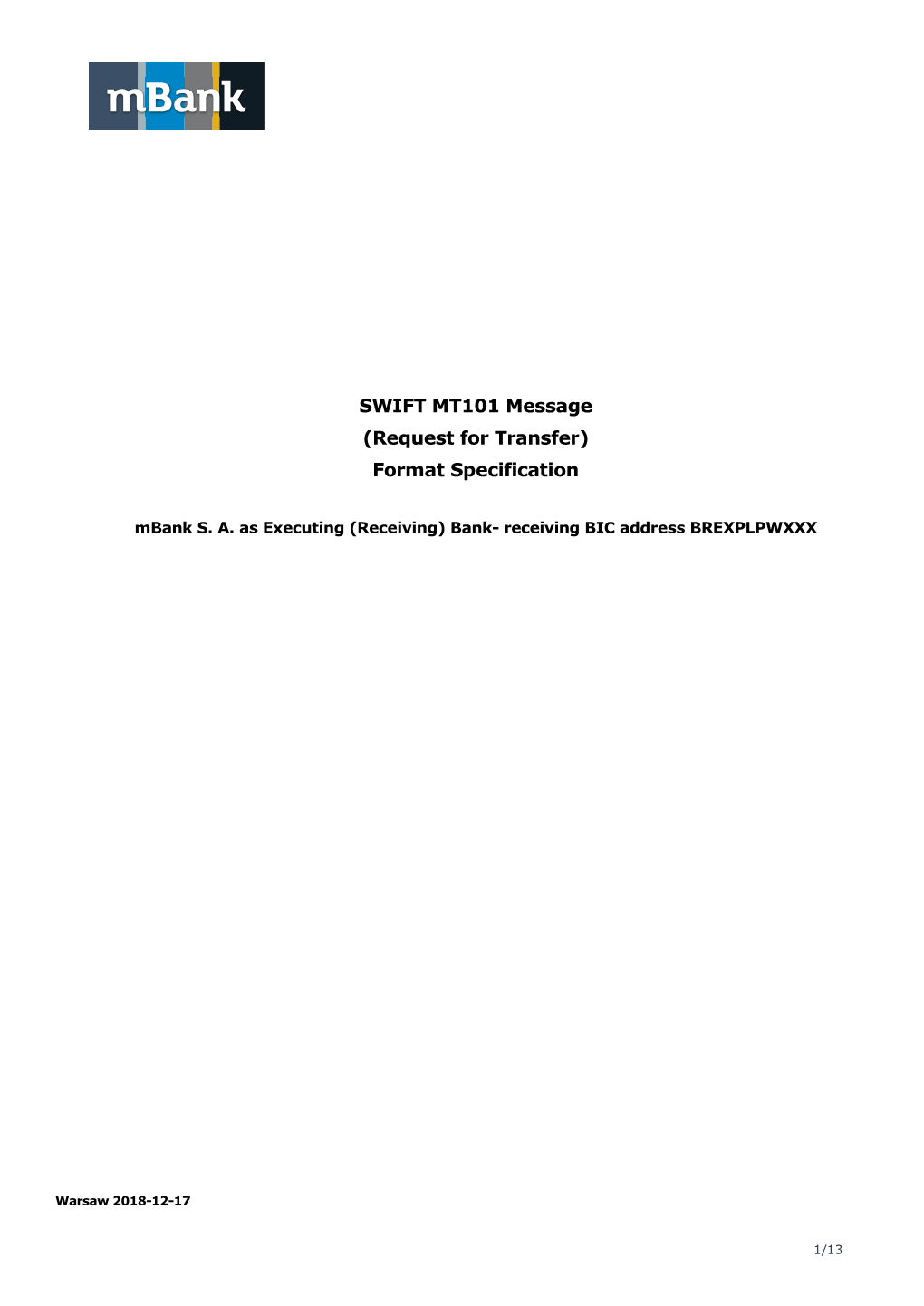 SWIFT MT101 Message (Request for Transfer) Format Specification