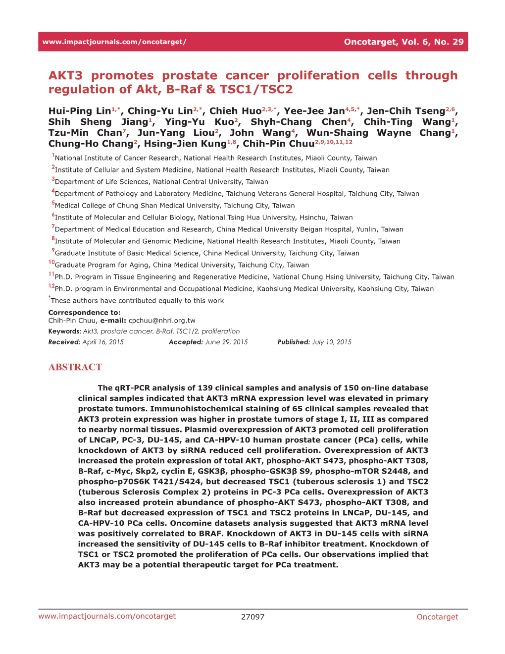 AKT3 Promotes Prostate Cancer Proliferation Cells Through Regulation of Akt, B-Raf & TSC1/TSC2