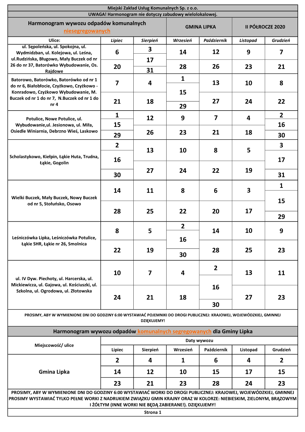 Gmina Lipka Harmonogram Wywozu Odpadów Komunalnych