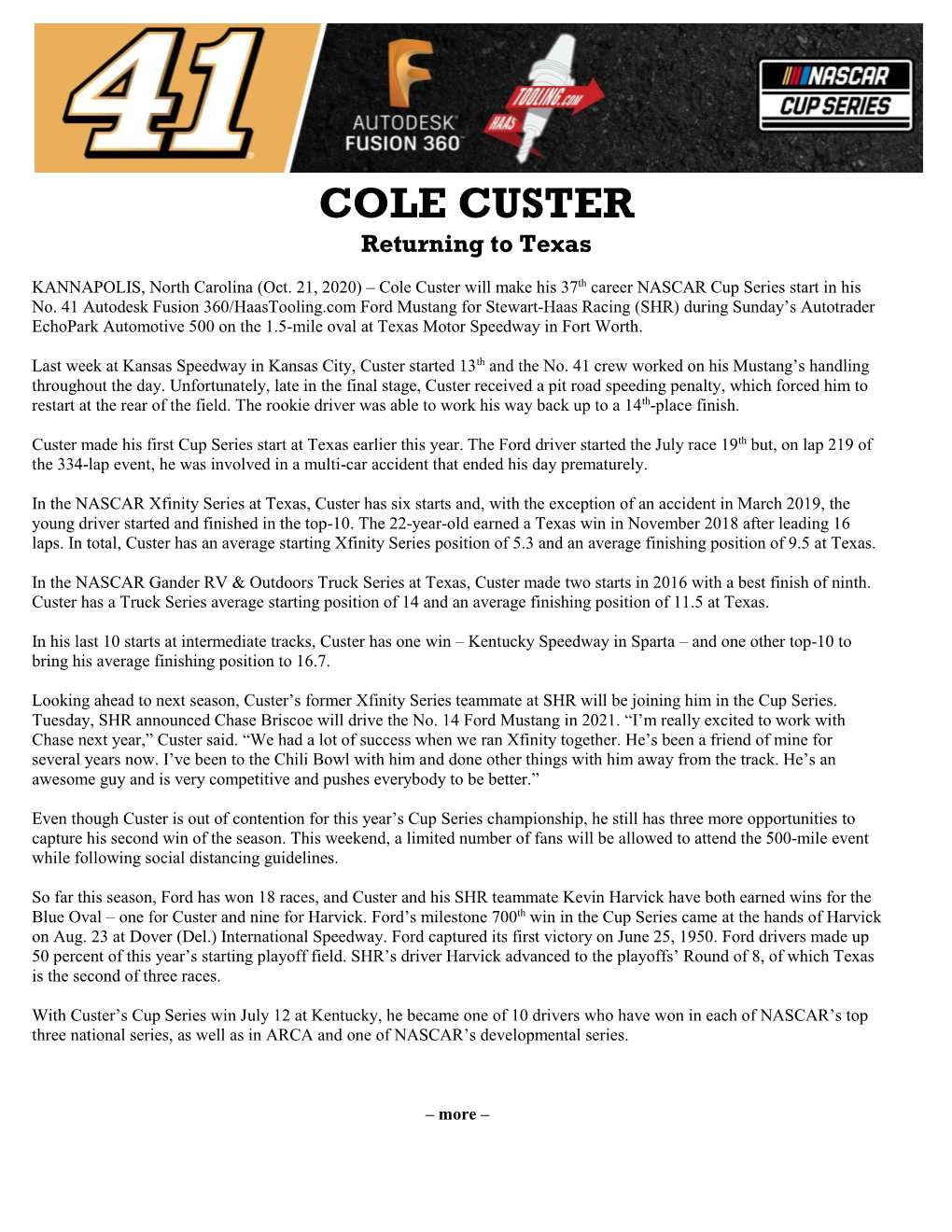 COLE CUSTER Returning to Texas