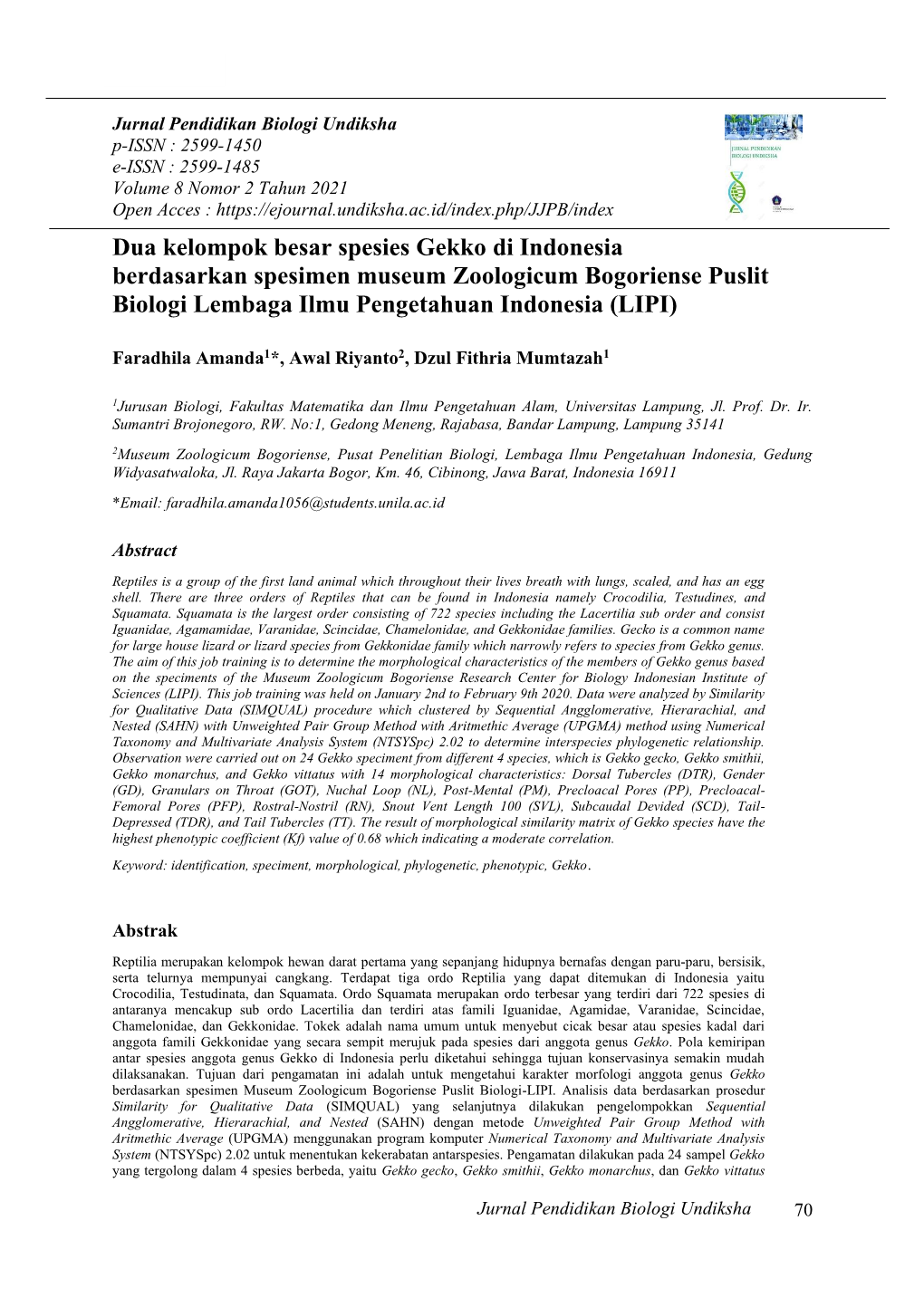 Dua Kelompok Besar Spesies Gekko Di Indonesia Berdasarkan Spesimen Museum Zoologicum Bogoriense Puslit Biologi Lembaga Ilmu Pengetahuan Indonesia (LIPI)