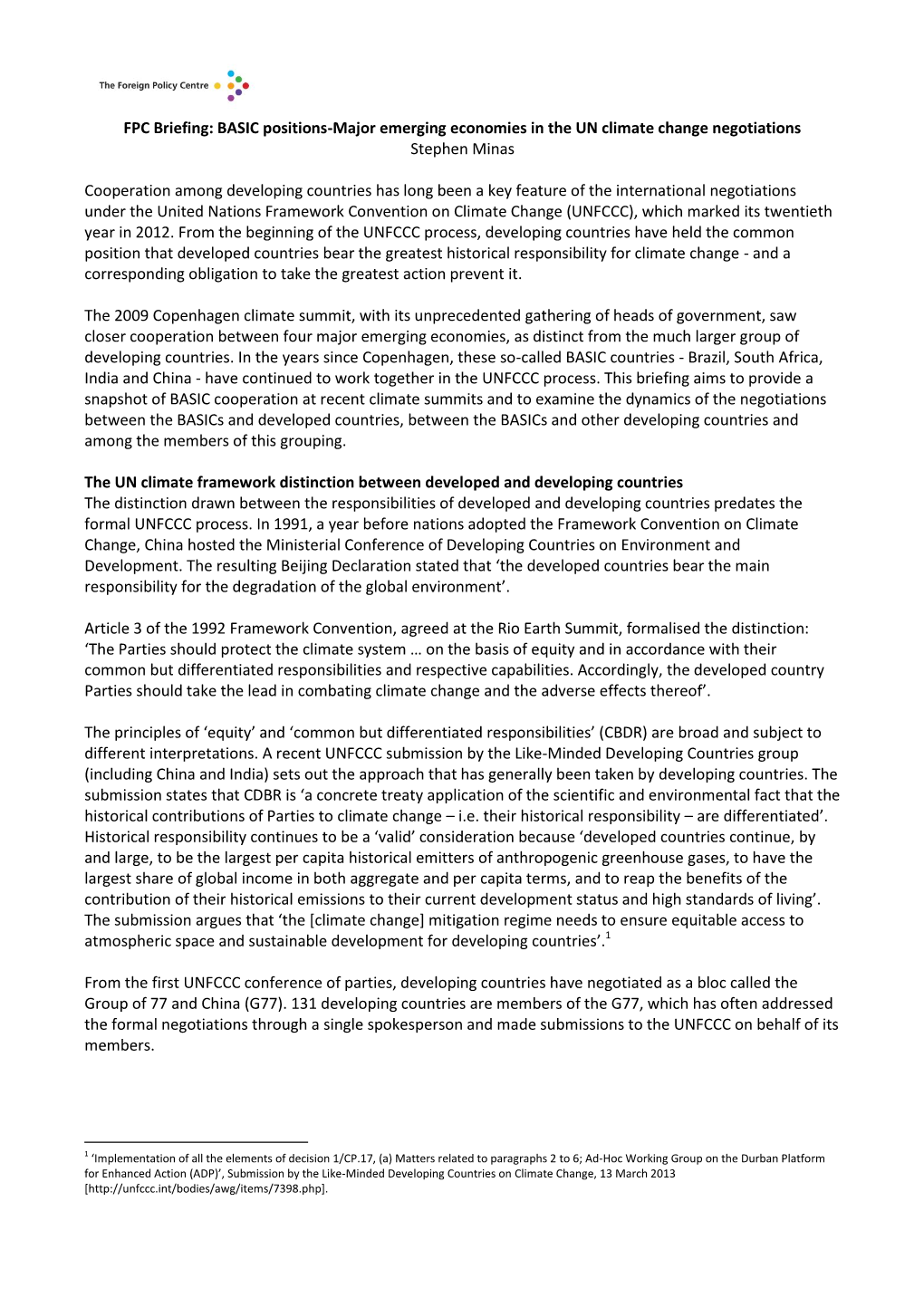 BASIC Positions: Major Emerging Economies in the UN Climate