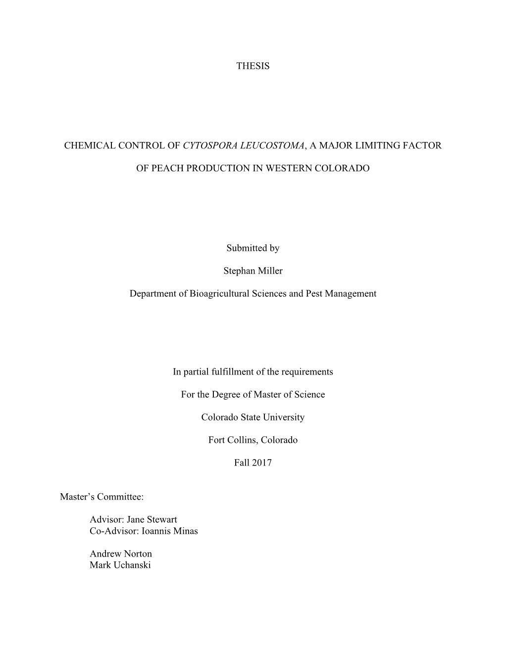 Thesis Chemical Control of Cytospora Leucostoma, A