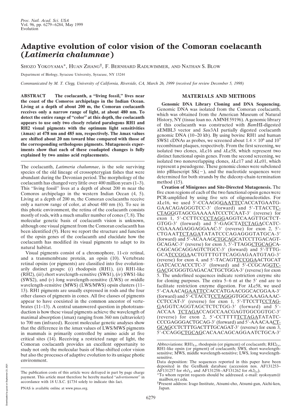 Adaptive Evolution of Color Vision of the Comoran Coelacanth (Latimeria Chalumnae)