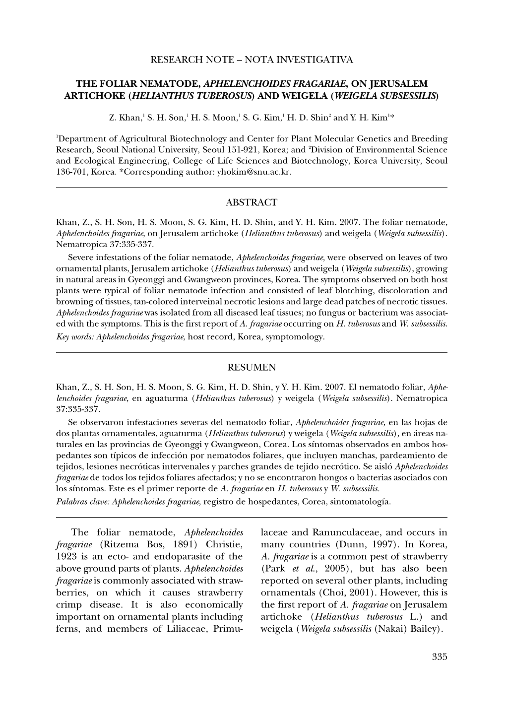 Nota Investigativa the Foliar Nematode, Aphelenchoides