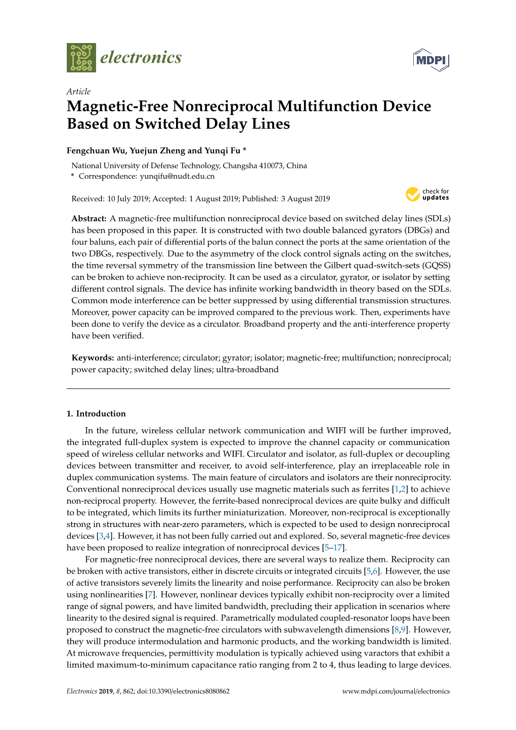 Magnetic-Free Nonreciprocal Multifunction Device Based on Switched Delay Lines