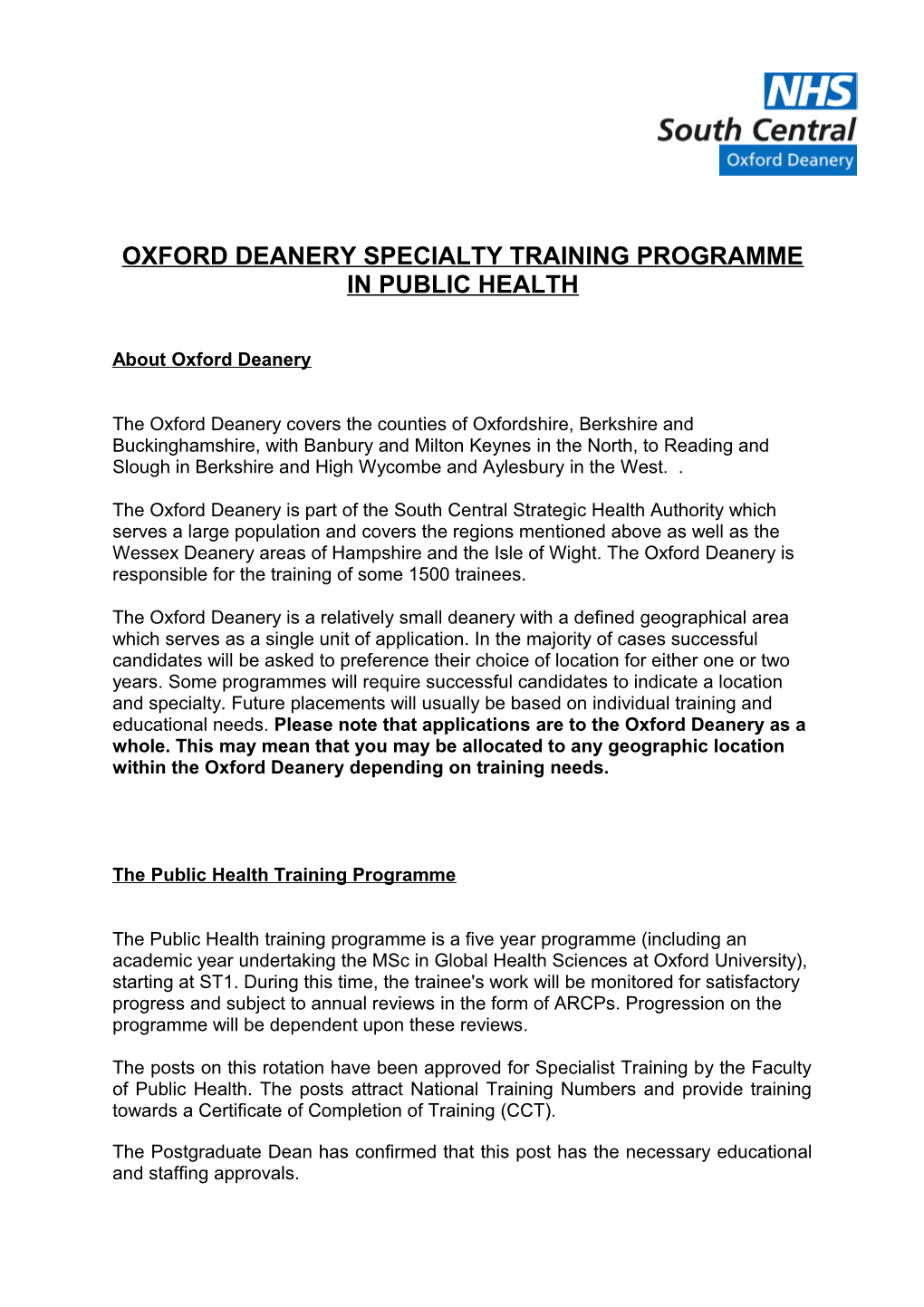 Oxford Deanery Specialty Training Programme in Public Health