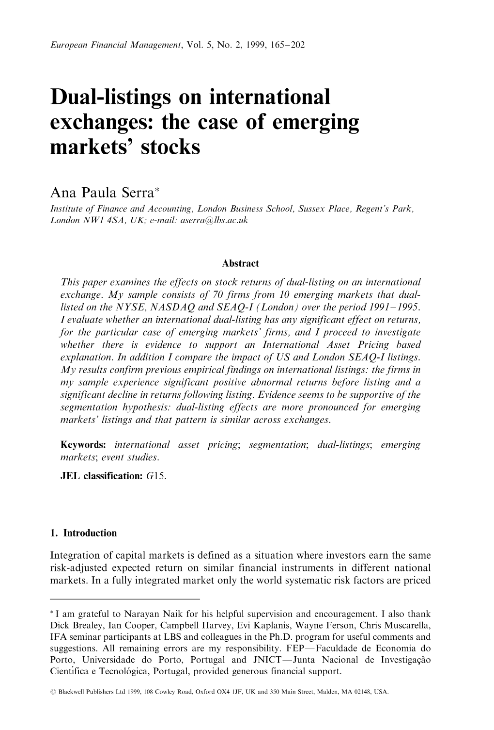 Dual-Listings on International Exchanges: the Case of Emerging Markets' Stocks