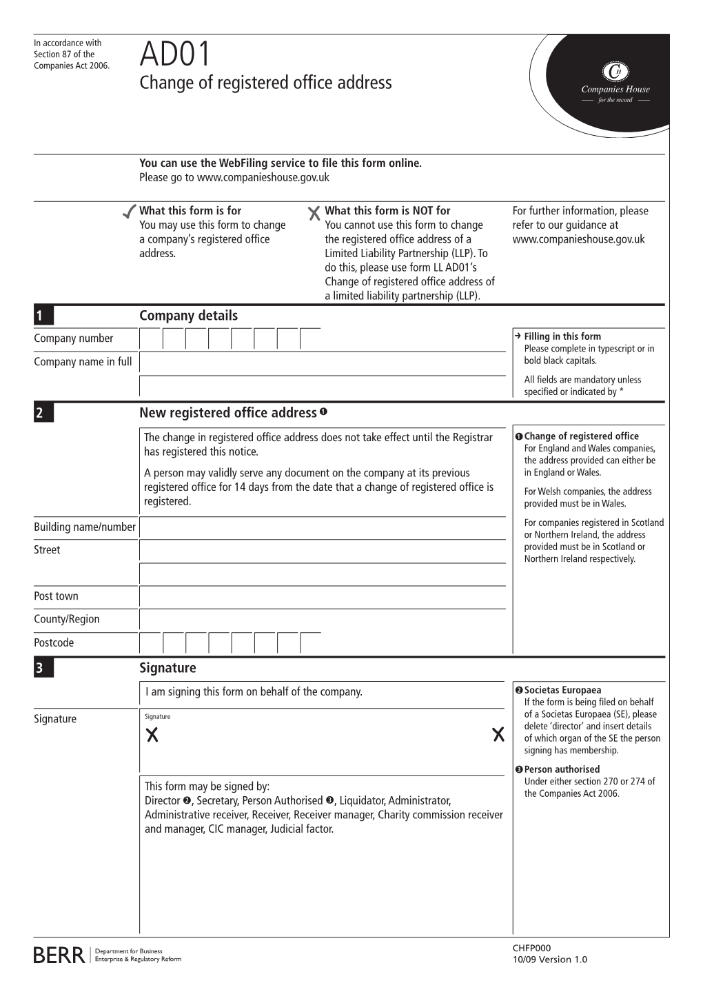 Companies House Form AD01 – Change of Registered Office Address